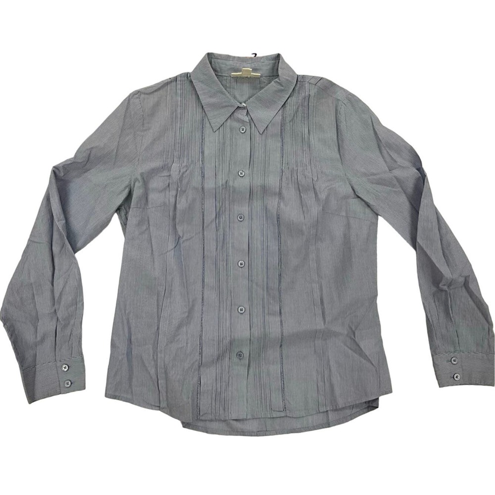 Women's Coldwater Creek-M-Pullover Blue White Small Strip Button Up Long Sleeve